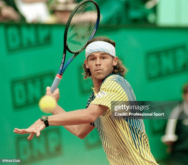 Gustavo Kuerten of Brazil in action during the French Open Tennis Championships at the Stade Roland Garros circa May 1997 in Paris, France.