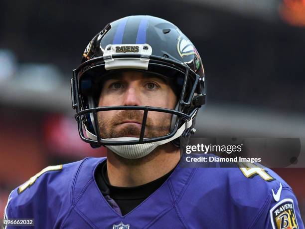 Punter Sam Koch of the Baltimore Ravens watches the action from the sideline in the third quarter of a game on December 17, 2017 against the...