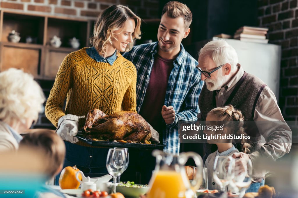 Family looking at thanksgiving turkey