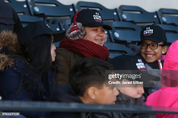 Middle-School students from PS 71s Technology class share a laugh as The NHL and the NHLPA Future Goals program hosts a field trip to Citi Field to...