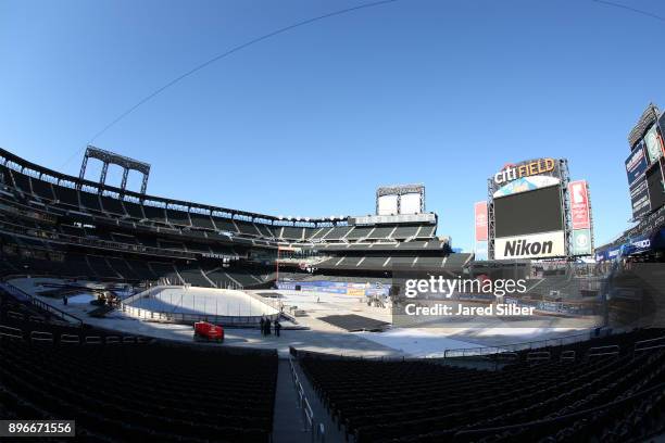 Overview of the rink build process as work continues ahead of the 2018 Bridgestone NHL Winter Classic between the Buffalo Sabres and the New York...