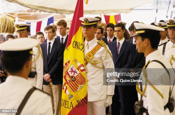 Felipe de Borbon, prince of Asturias, in the ship school Juan Sebastian Elcano The prince with the flag of Spain after the arrival of the ship to...