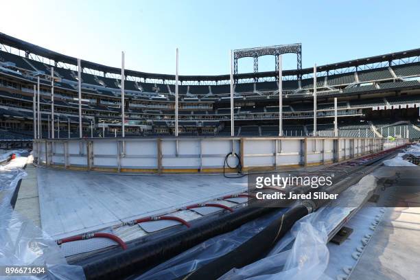 Overview of the rink build process as work continues ahead of the 2018 Bridgestone NHL Winter Classic between the Buffalo Sabres and the New York...