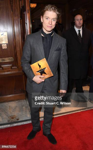 Actor Freddie Fox attends the opening night of 'Hamilton' at Victoria Palace Theatre on December 21, 2017 in London, England.