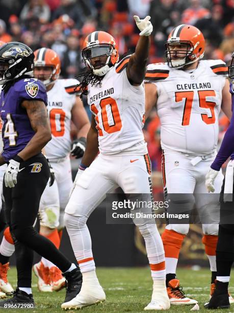 Wide receiver Sammie Coates of the Cleveland Browns signals first down after catching a pass in the third quarter of a game on December 17, 2017...