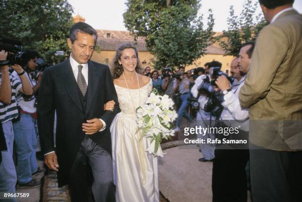 Wedding of Pocholo Martinez Bordiu with Sonsoles Suarez Sonsoles Suarez is accompanied by her father Adolfo Suarez