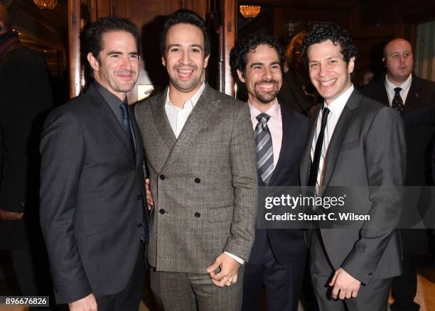 Playwright Lin-Manuel Miranda, Alex Lacamoire and Thomas Kail attend the opening night of 'Hamilton' at Victoria Palace Theatre on December 21, 2017...