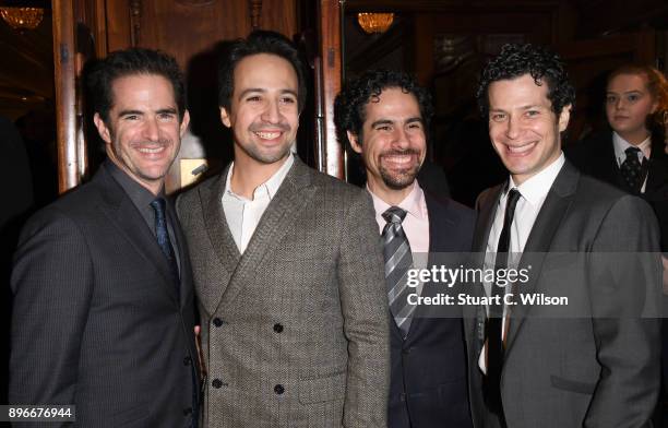 Playwright Lin-Manuel Miranda, Alex Lacamoire and Thomas Kail attend the opening night of 'Hamilton' at Victoria Palace Theatre on December 21, 2017...