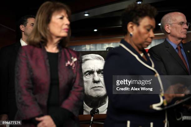 Rep. Jackie Speier , Rep. Barbara Lee , and Rep. Peter Welch listen during a news conference to show support of Special Counsel Robert Mueller...