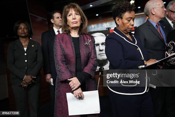 Rep. Val Demings , Rep. John Sarbanes , Rep. Jackie Speier , Rep. Barbara Lee , and Rep. Peter Welch listen during a news conference to show support...