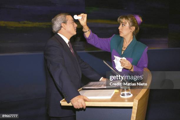 Carlos Solchaga in a making up session The minister of Economy gets ready for a TV debete during an electoral campaign