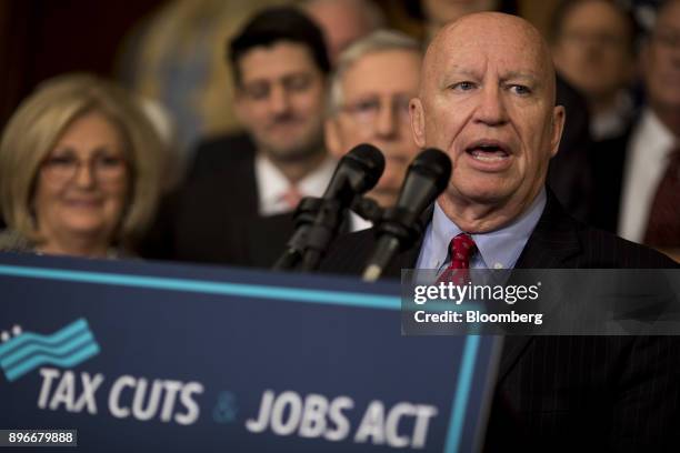 Representative Kevin Brady, a Republican from Texas, speaks during a Tax Cuts and Jobs Act enrollment ceremony at the U.S. Capitol in Washington,...