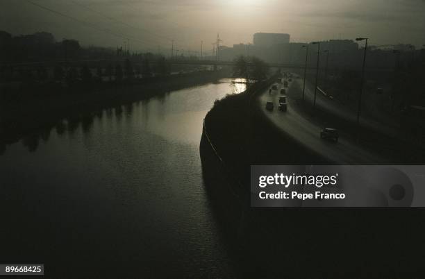 View of the M-30 Highway, Madrid The river Manzanares and the highway on a grey day