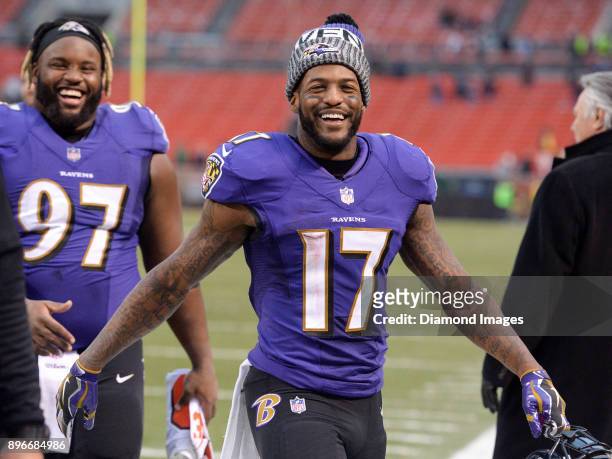 Wide receiver Mike Wallace of the Baltimore Ravens walks off the field after a game on December 17, 2017 against the Cleveland Browns at FirstEnergy...
