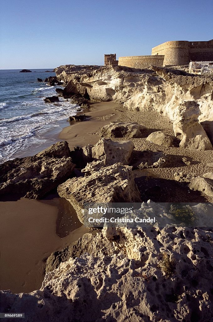 Castle of San Felipe. Los Escullos. Cabo de Gata. Almeria Cliffs and Battery of San Felipe, fortification built in the XVIII century to defend the coast of the attack of the pirates