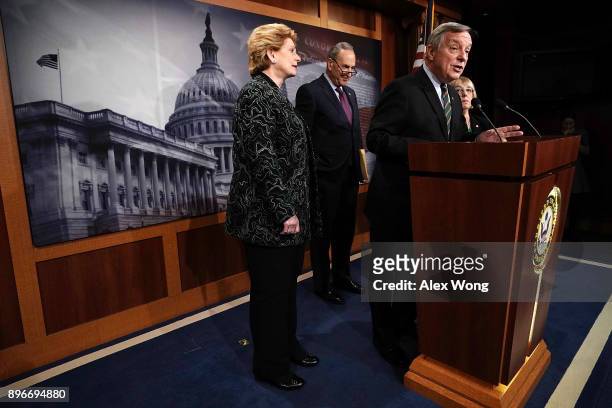 Senate Majority Whip Sen. Richard Durbin speaks as Sen. Debbie Stabenow , Senate Minority Leader Sen. Chuck Schumer and Sen. Patty Murray listen...
