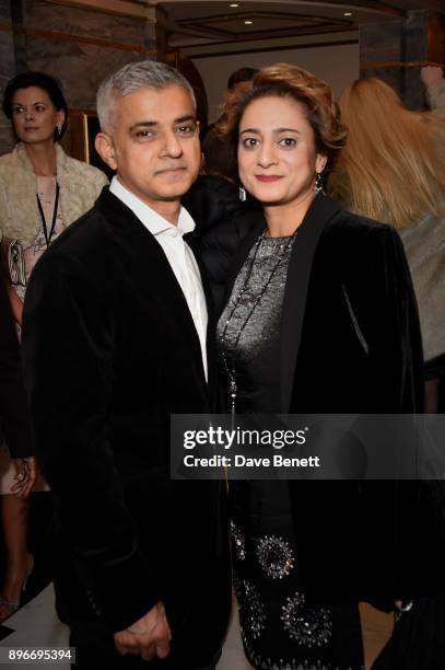 Sadiq Khan and Saadiya Khan attend the press night performance of "Hamilton" at The Victoria Palace Theatre on December 21, 2017 in London, England.