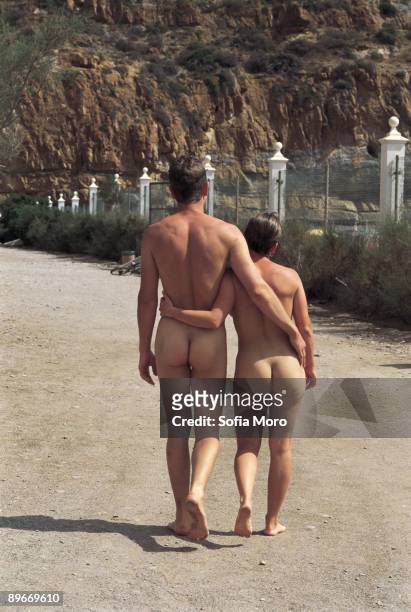 Nudist couple in the nudist camping of ´El Portus´, Cartagena