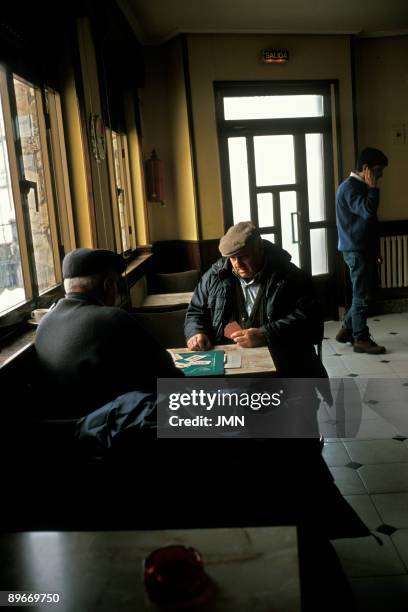 Spain. Leon. County of Babia. Torrebarrio. Bar "Ancla". Perfecto and Inocencio playing the cards.