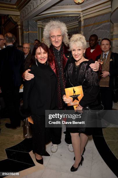 Arlene Phillips, Brian May and Anita Dobson attend the press night performance of "Hamilton" at The Victoria Palace Theatre on December 21, 2017 in...