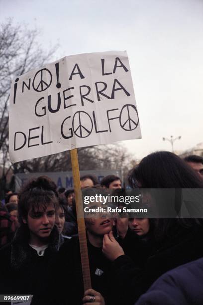 Manifestation against the War of the Gulf in Madrid. Girls putting on makeup the face with pacifist symbols and carrying banners during a...