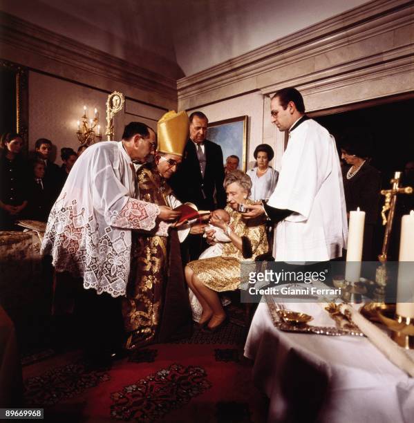 Zarzuela Palace, Madrid. 1968. Baptism of Crown Prince Felipe of Spain. Prince´s godmother, great-grandmother Queen Victoria Eugenia, and godfather,...