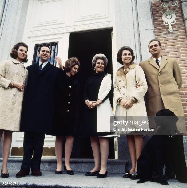 The princes of Spain Juan Carlos and Sofia with Federica of Greece, Constantine of Greece, Irene of Greece and Anna Maria of Greece in Madrid, 1968.