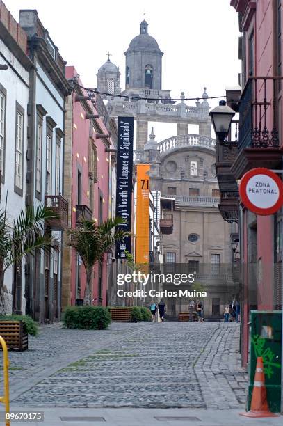 March 17, 2007. Las Palmas de Gran Canaria. Canary Islands. View of a pedestrian street in the historic centre of Vegueta and, at the bottom, Saint...