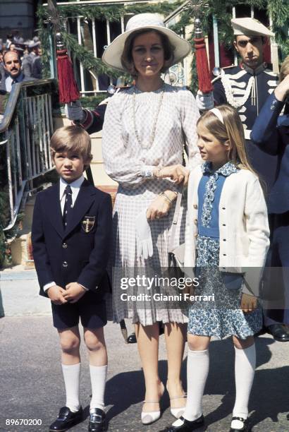 Madrid. 1975. Princess Sofia and her childrens Felipe and Cristina in the Victory Parade.