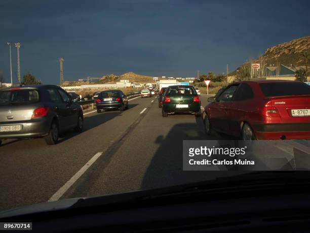April 04, 2007. Alicante. Spain. A-31 dual carriageway at the entrance of Alicante. In the photo, traffic jams.