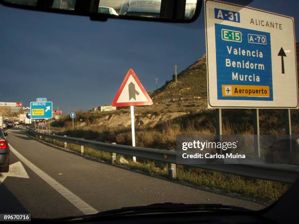 April 04, 2007. Alicante. Spain. A-31 dual carriageway at the entrance of Alicante. In the photo, some information panels.