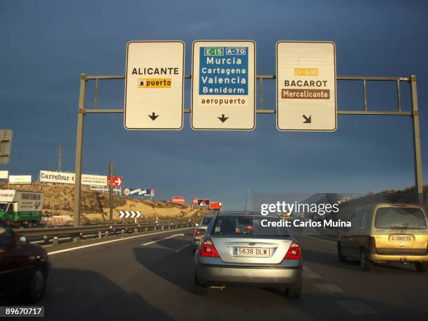 April 04, 2007. Alicante. Spain. A-31 dual carriageway at the entrance of Alicante. In the photo, some information panels.