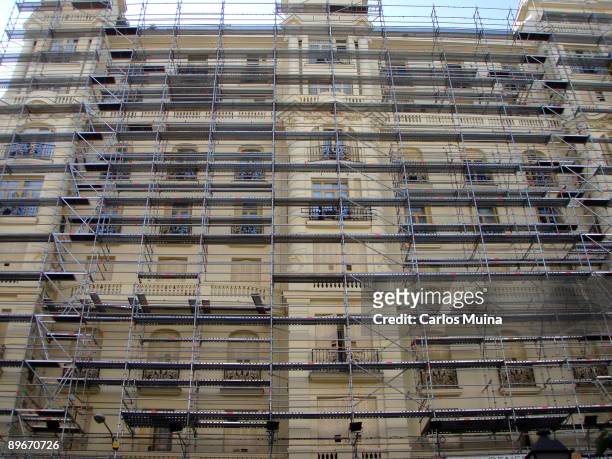 May 9, 2006. Montera Street, Madrid. Spain. Scaffolds installed in a building being restorated.