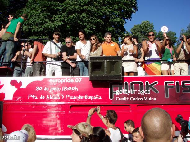 June 30, 2007. Madrid. Spain. Pride Parade celebration. In the photo, the choreographer Poti with his wife, the hostess Boris Izaguirre and the...