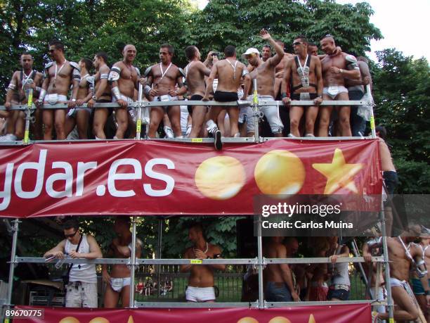 June 30, 2007. Madrid. Spain. Pride Parade celebration. In the photo, men with underwear on a carriage.