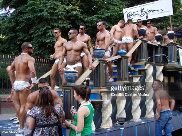 June 30, 2007. Madrid. Spain. Pride Parade celebration. In the photo, men with underwear on a carriage.