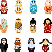 Doll matryoshka vector matrioshka russian toy traditional symbol of Russia national matreshka of different nationalities tourist Japanese arab illustration isolated on white background
