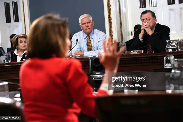 House Rules Committee Chairman Rep. Pete Sessions , Rep. Tom Cole and Rep. Louise Slaughter listen to House Minority Leader Rep. Nancy Pelosi during...