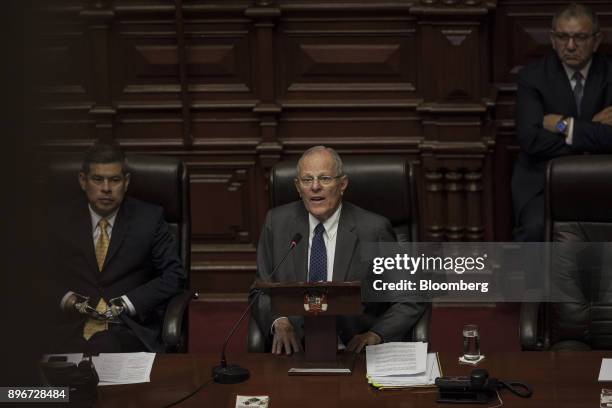 Pedro Pablo Kuczynski, Peru's president, center, testifies before the National Congress in Lima, Peru, on Thursday, Dec. 21, 2017. Kuczynski told...