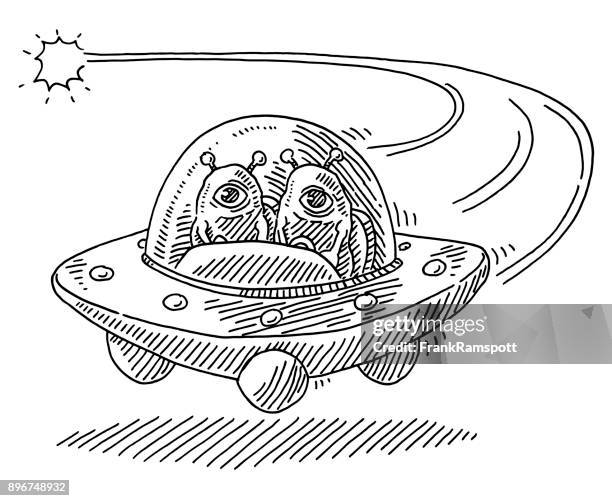 extraterrestrials arriving ufo drawing - flight deck stock illustrations