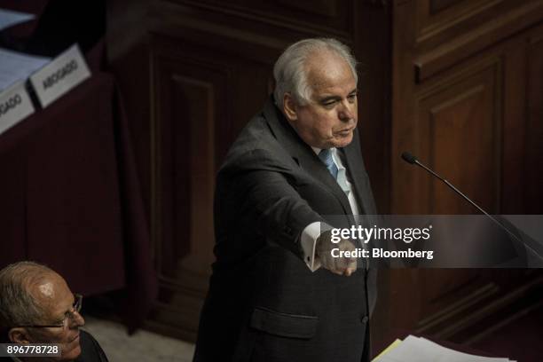 Alberto Borea, attorney for the Peru's president Pedro Pablo Kuczynski, speaks during impeachment proceedings at the National Congress in Lima, Peru,...