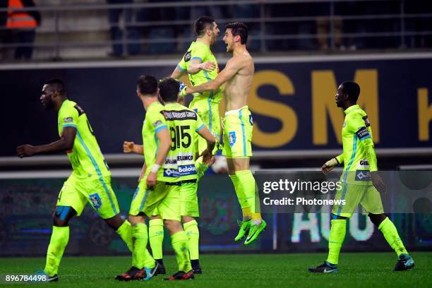 Roman Yaremchuck forward of KAA Gent jumps up with Stefan Mitrovic defender of KAA Gent to celebrate scoring a goal during the Jupiler Pro League...