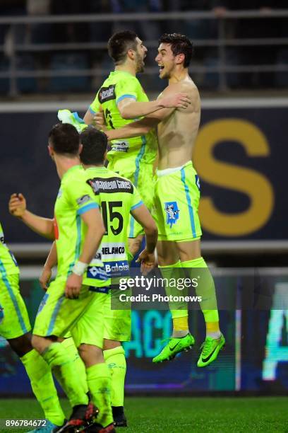 Roman Yaremchuck forward of KAA Gent jumps up with Stefan Mitrovic defender of KAA Gent to celebrate scoring a goal during the Jupiler Pro League...