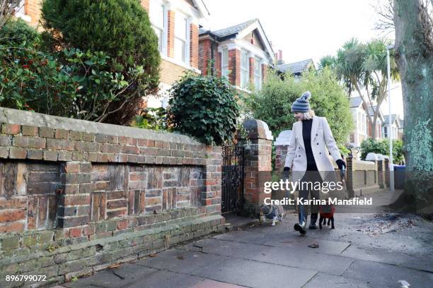 mature woman (30-45) taking two dogs for a walk during a cold winter day - fashion district stock pictures, royalty-free photos & images