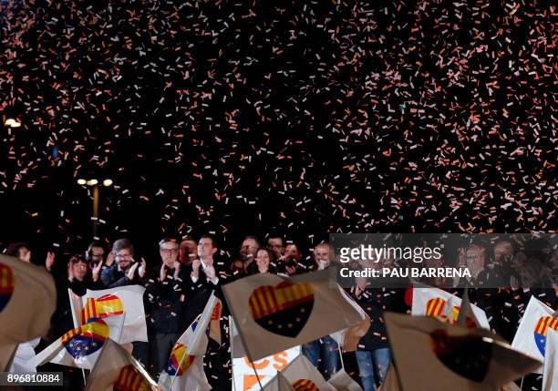 Center-right party Ciudadanos candidate Ines Arrimadas and the rest of candidates and party members celebrate their polls results in the Catalan...