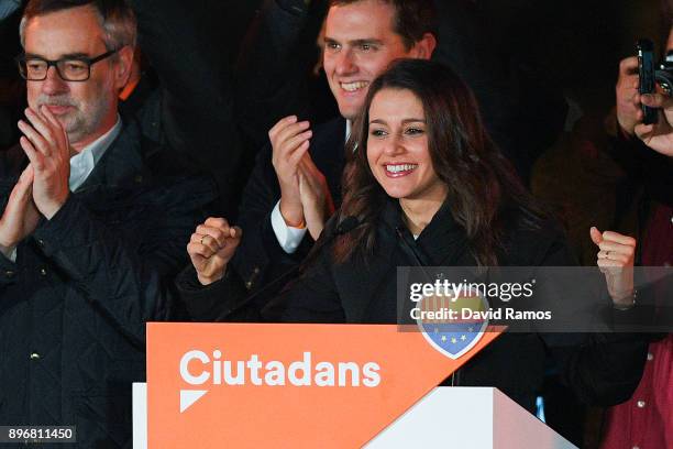 Ines Arrimadas, leader of Ciudadanos Catalan party, celebrates the results with members of her party on December 21, 2017 in Barcelona, Spain....