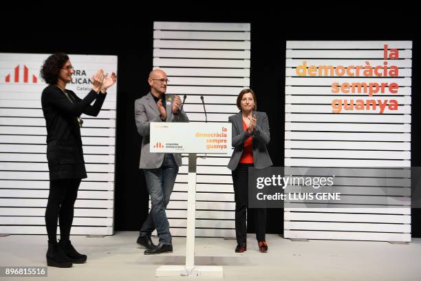 'Esquerra Republicana de Catalunya' - ERC candidates Marta Rovira , Raul Romeva and Carme Forcadell arrive to give a press conference following the...