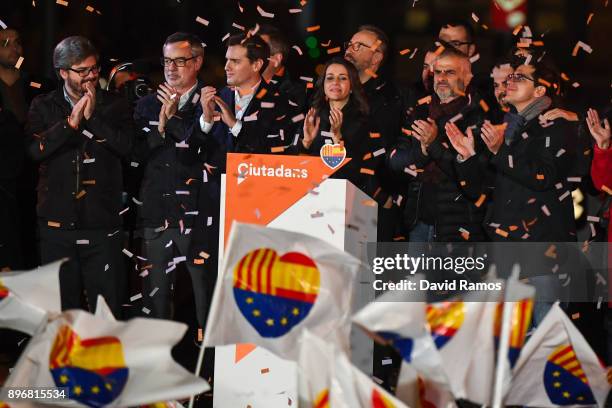Ines Arrimadas, leader of Ciudadanos Catalan party, celebrates the results with members of her party on December 21, 2017 in Barcelona, Spain....