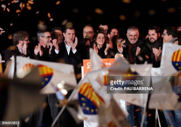 Center-right party Ciudadanos candidate Ines Arrimadas , the party leader Albert Rivera and other candidates and party members celebrate their polls...