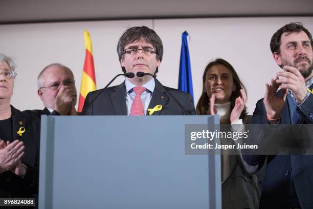 Carles Puigdemont reacts to the results of the Catalan regional elections on December 21, 2017 in Brussels, Belgium. Catalan voters headed to the...